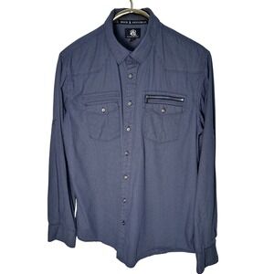 Rock & Republic Mens XL Cotton Blue Dotted Button Up Long Sleeve‎ Shirt Zippers